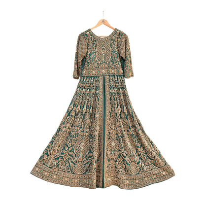 Green Net Anarkali style Gown Vintage Bollywood Dress Zardozi hand Embroidered Floor Length Ethnic Party Wear Wedding Outfit