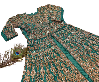 Green Net Anarkali style Gown Vintage Bollywood Dress Zardozi hand Embroidered Floor Length Ethnic Party Wear Wedding Outfit