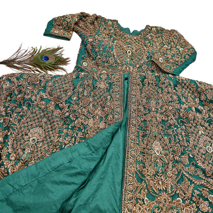 Green Net Anarkali style Gown Vintage Bollywood Dress Zardozi hand Embroidered Floor Length Ethnic Party Wear Wedding Outfit