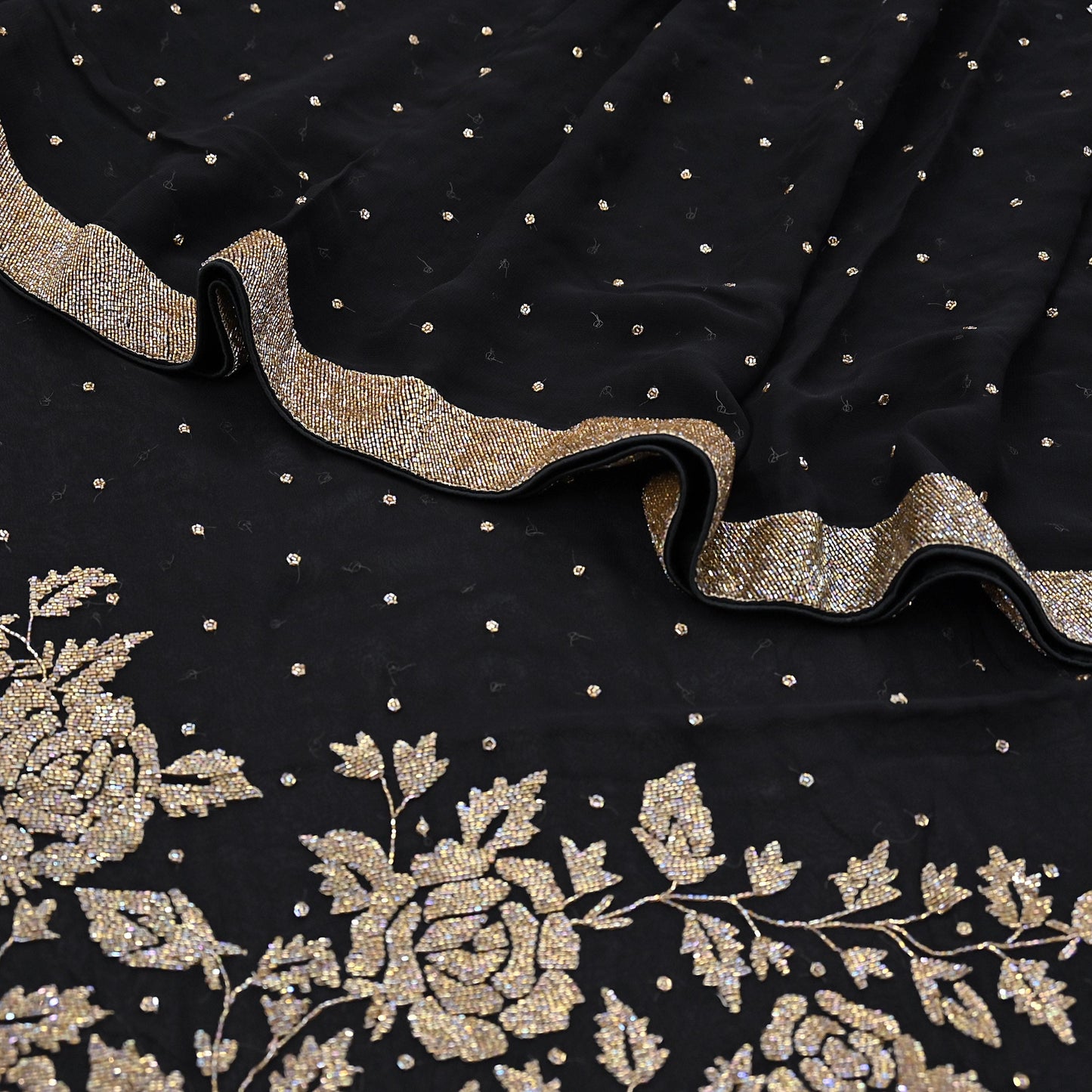 Rare Vintage Black Blend Georgette Saree Hand Embroidered Fabric 5.5 Yard Sari Bollywood Party Wear Ethnic Designer Saree