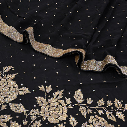 Rare Vintage Black Blend Georgette Saree Hand Embroidered Fabric 5.5 Yard Sari Bollywood Party Wear Ethnic Designer Saree