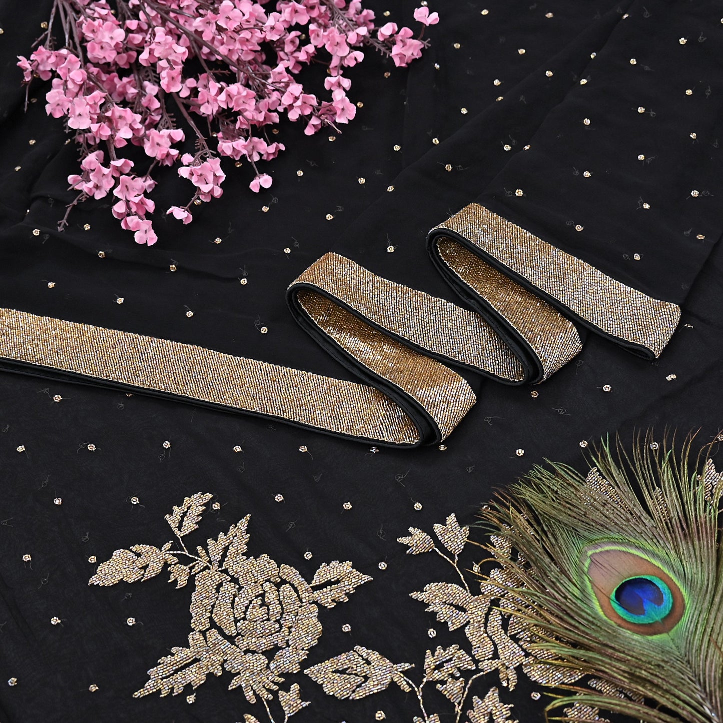 Rare Vintage Black Blend Georgette Saree Hand Embroidered Fabric 5.5 Yard Sari Bollywood Party Wear Ethnic Designer Saree