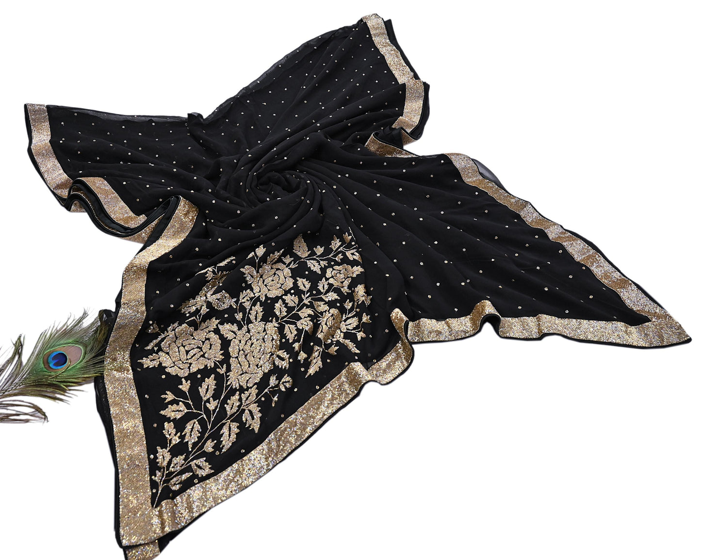 Rare Vintage Black Blend Georgette Saree Hand Embroidered Fabric 5.5 Yard Sari Bollywood Party Wear Ethnic Designer Saree