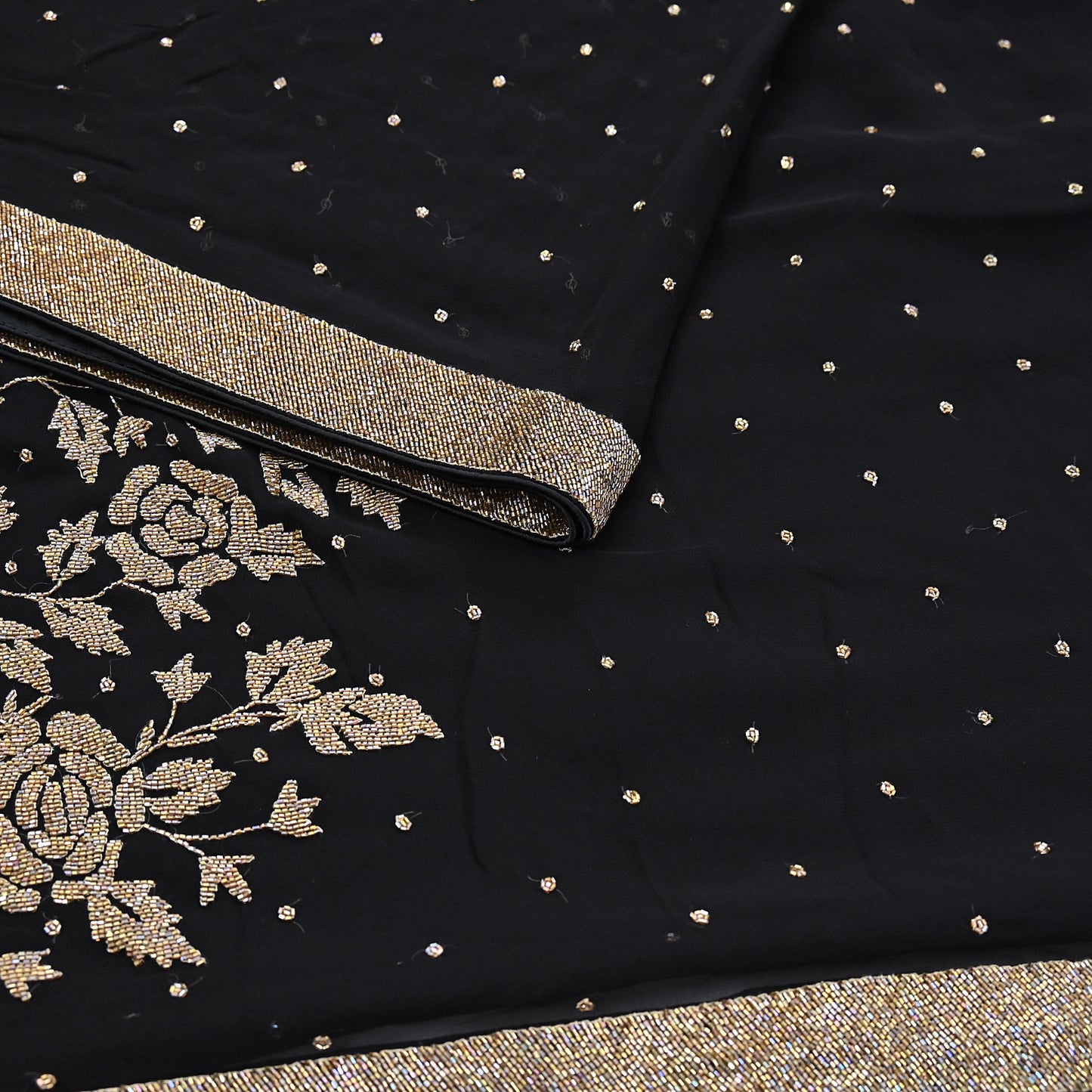 Rare Vintage Black Blend Georgette Saree Hand Embroidered Fabric 5.5 Yard Sari Bollywood Party Wear Ethnic Designer Saree