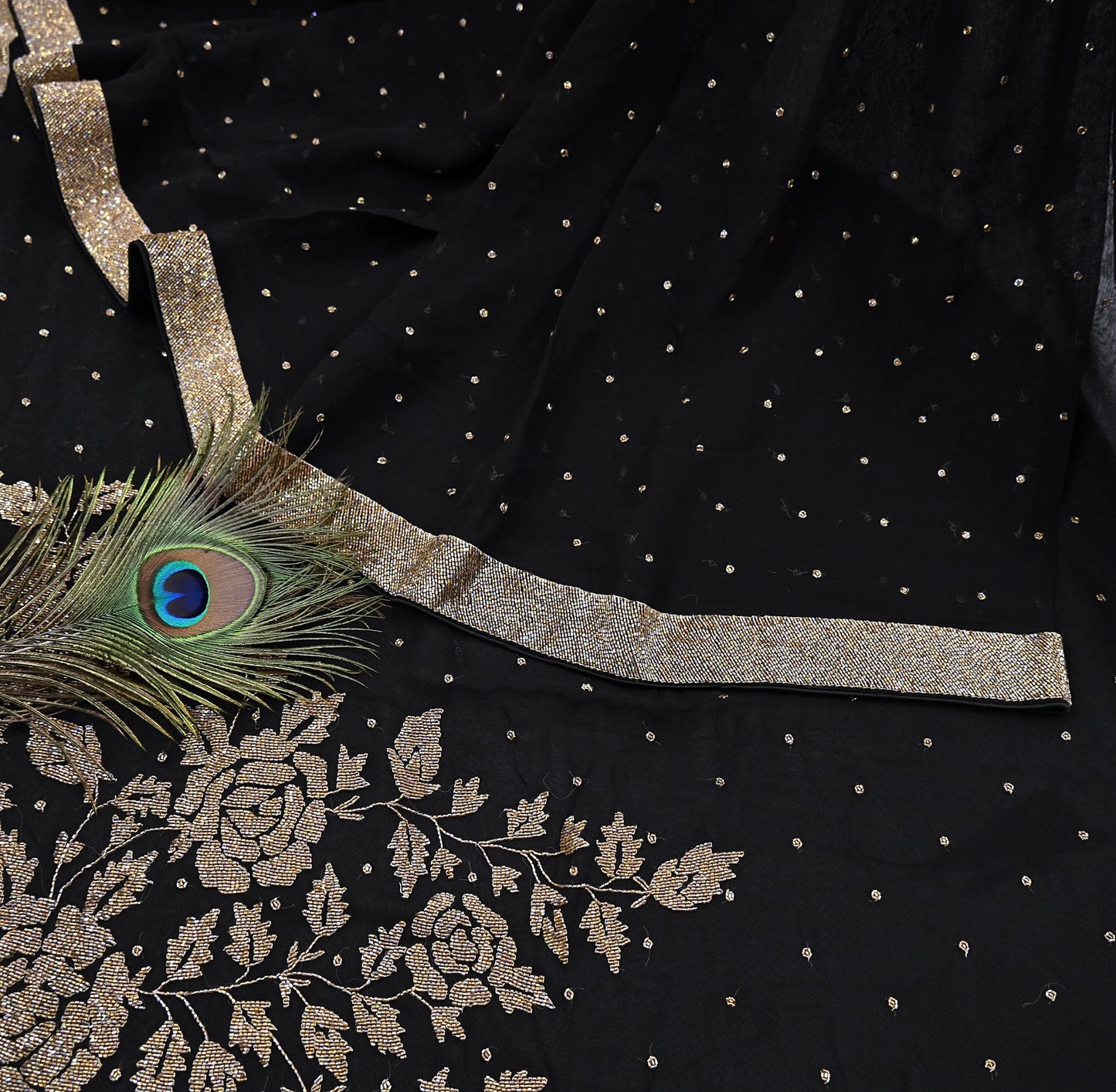 Rare Vintage Black Blend Georgette Saree Hand Embroidered Fabric 5.5 Yard Sari Bollywood Party Wear Ethnic Designer Saree