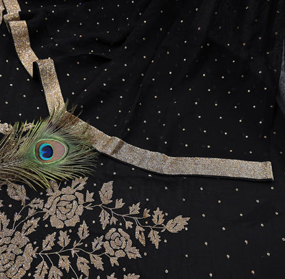 Rare Vintage Black Blend Georgette Saree Hand Embroidered Fabric 5.5 Yard Sari Bollywood Party Wear Ethnic Designer Saree