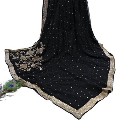 Rare Vintage Black Blend Georgette Saree Hand Embroidered Fabric 5.5 Yard Sari Bollywood Party Wear Ethnic Designer Saree