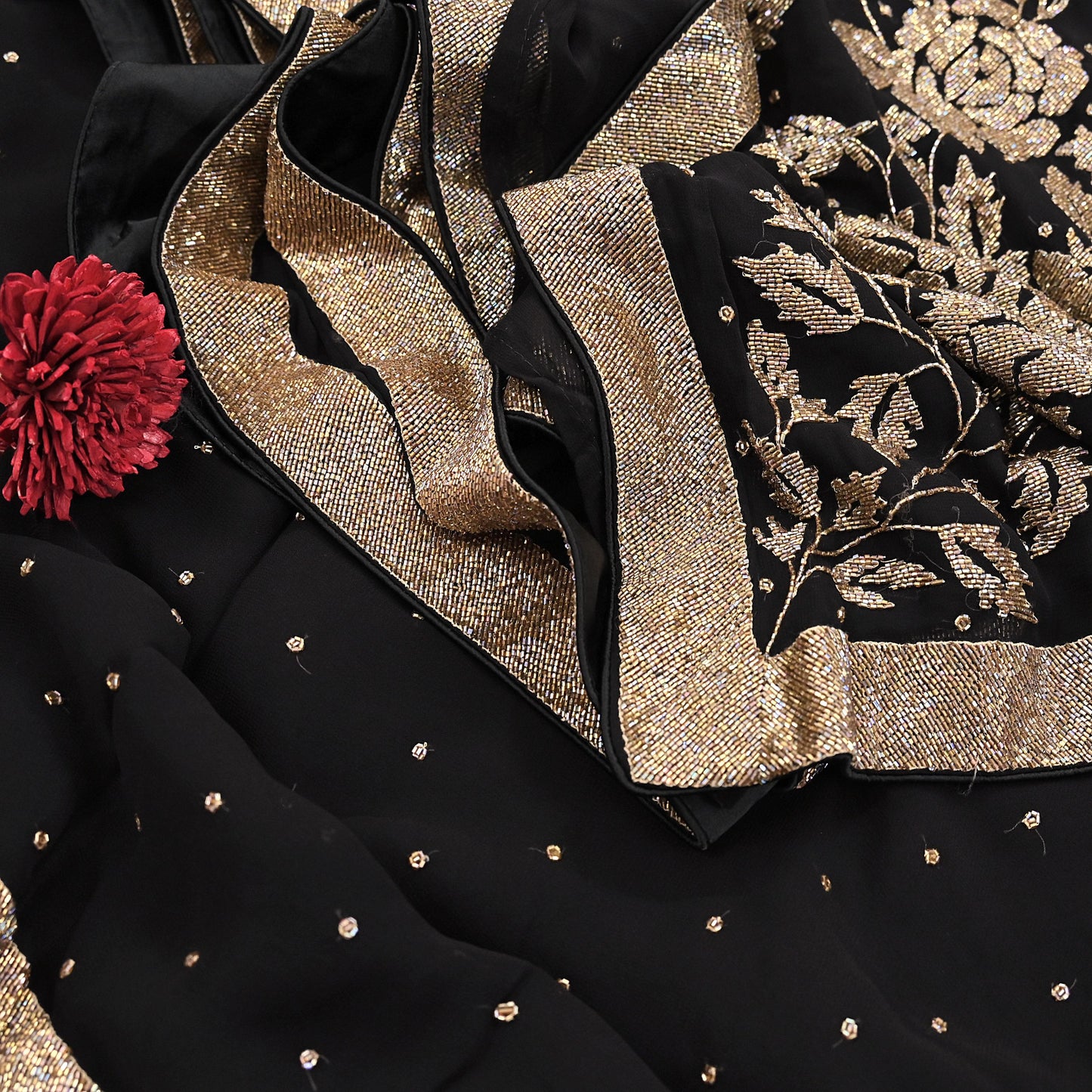 Rare Vintage Black Blend Georgette Saree Hand Embroidered Fabric 5.5 Yard Sari Bollywood Party Wear Ethnic Designer Saree