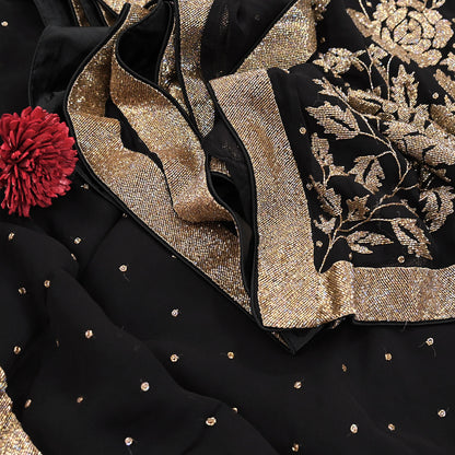 Rare Vintage Black Blend Georgette Saree Hand Embroidered Fabric 5.5 Yard Sari Bollywood Party Wear Ethnic Designer Saree