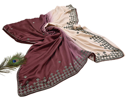 Rare Vintage Peach & maroon Pure Satin Silk Saree Hand Embroidered Fabric 5 Yards Sari Bollywood Party Wear Ethnic Saree