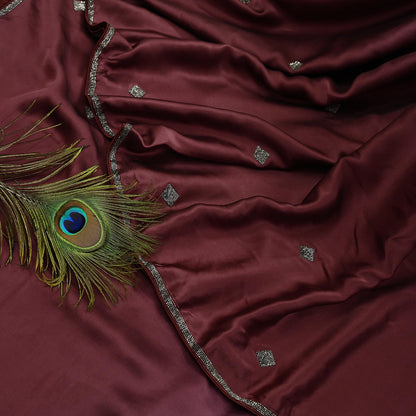 Rare Vintage Peach & maroon Pure Satin Silk Saree Hand Embroidered Fabric 5 Yards Sari Bollywood Party Wear Ethnic Saree