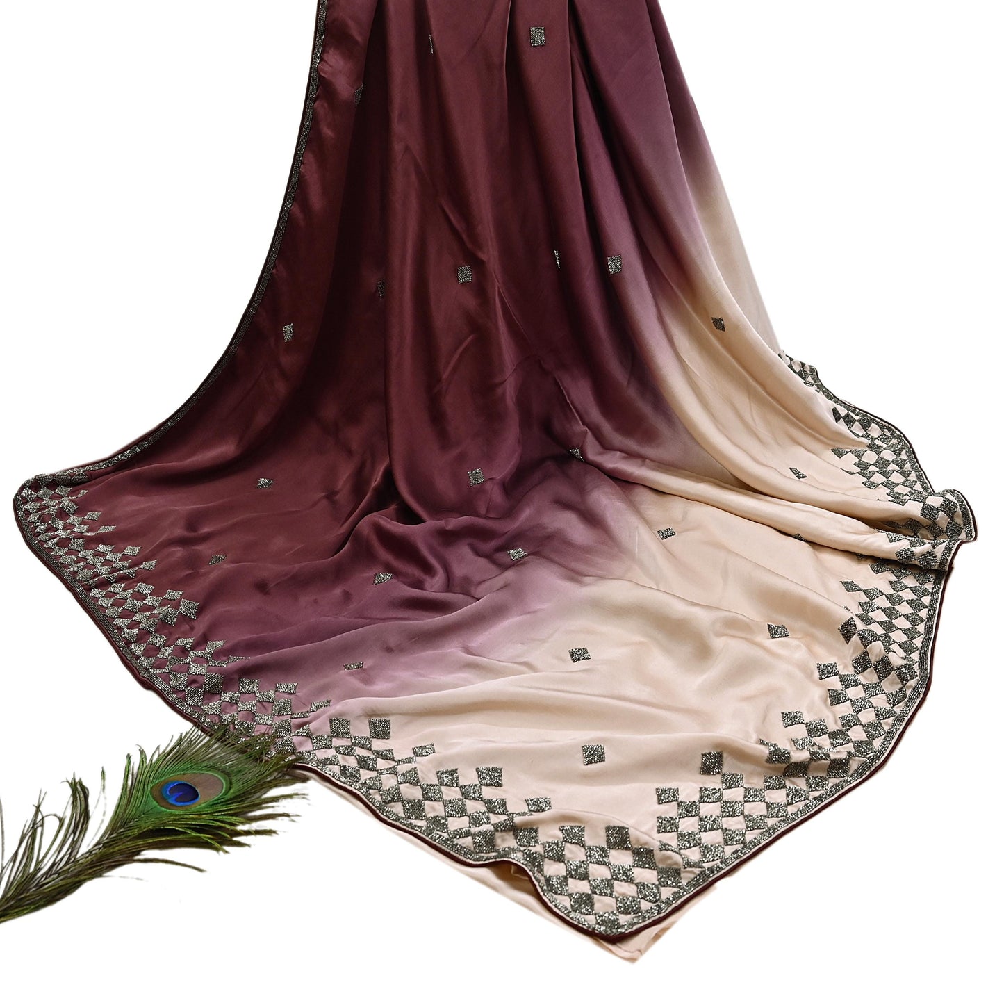 Rare Vintage Peach & maroon Pure Satin Silk Saree Hand Embroidered Fabric 5 Yards Sari Bollywood Party Wear Ethnic Saree