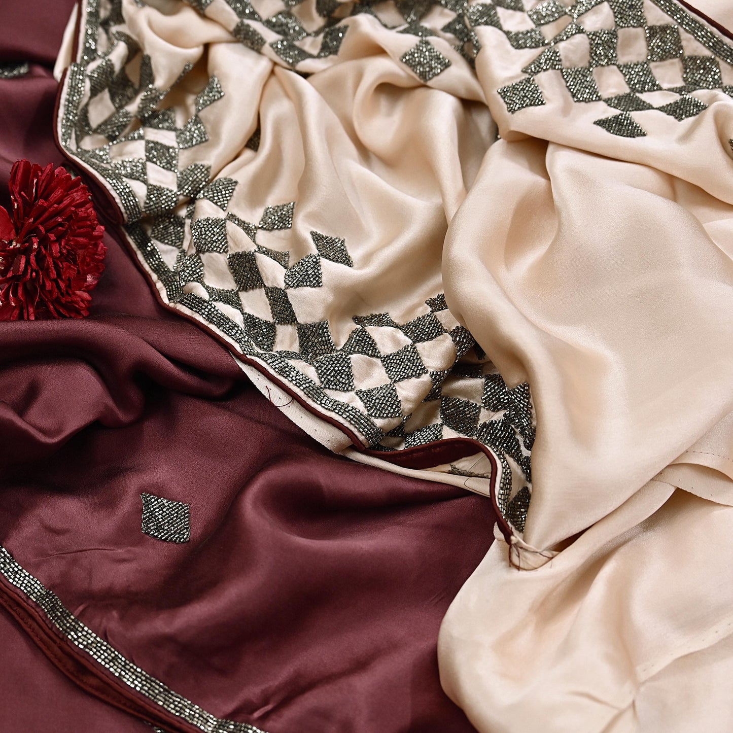 Rare Vintage Peach & maroon Pure Satin Silk Saree Hand Embroidered Fabric 5 Yards Sari Bollywood Party Wear Ethnic Saree