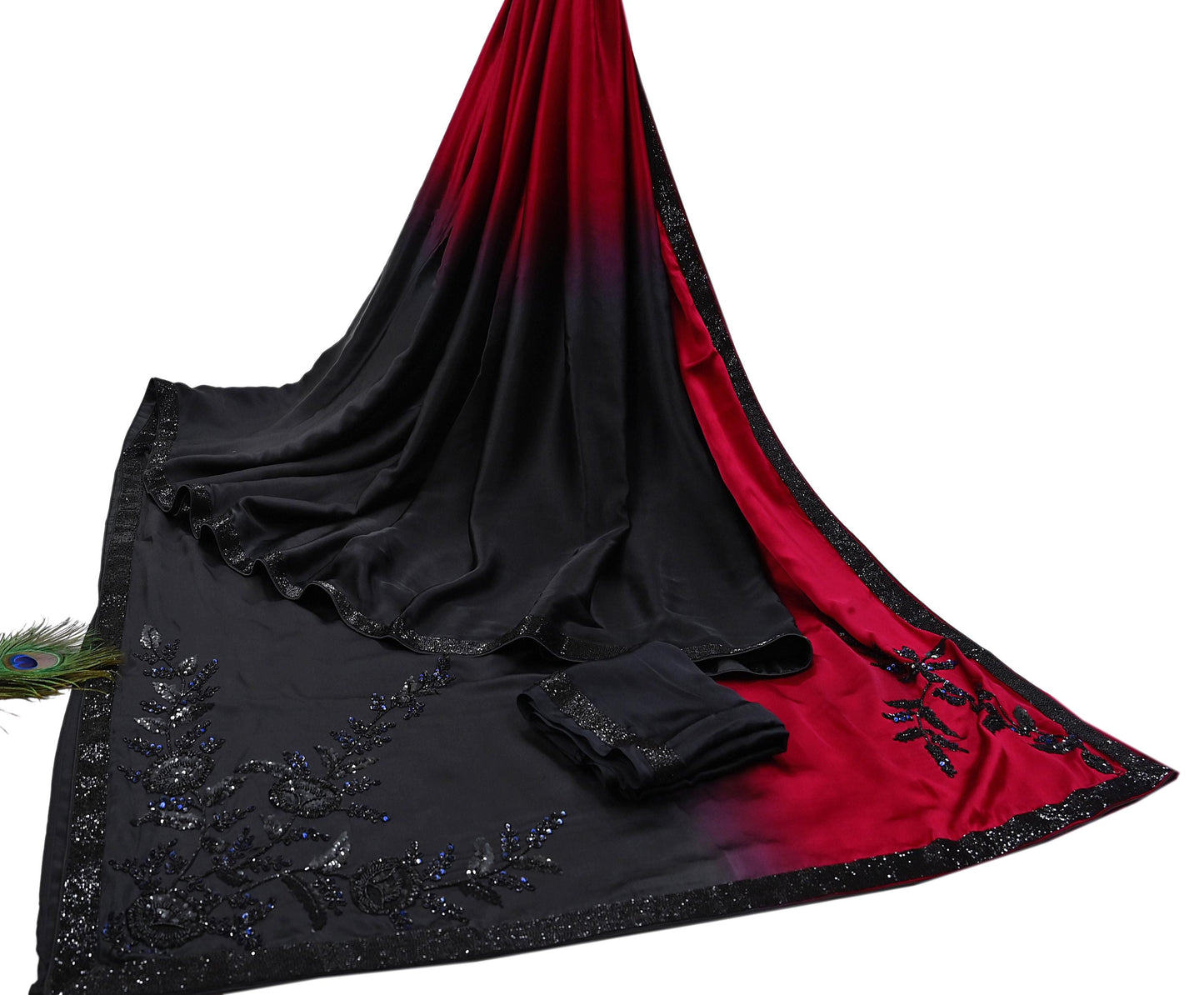 Rare Vintage Black & Red Pure Satin Silk Saree Hand Embroidered Designer Abu Jani Sari 6 Yard Bollywood Party Wear with Blouse fabric