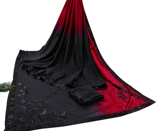 Rare Vintage Black & Red Pure Satin Silk Saree Hand Embroidered Designer Abu Jani Sari 6 Yard Bollywood Party Wear with Blouse fabric