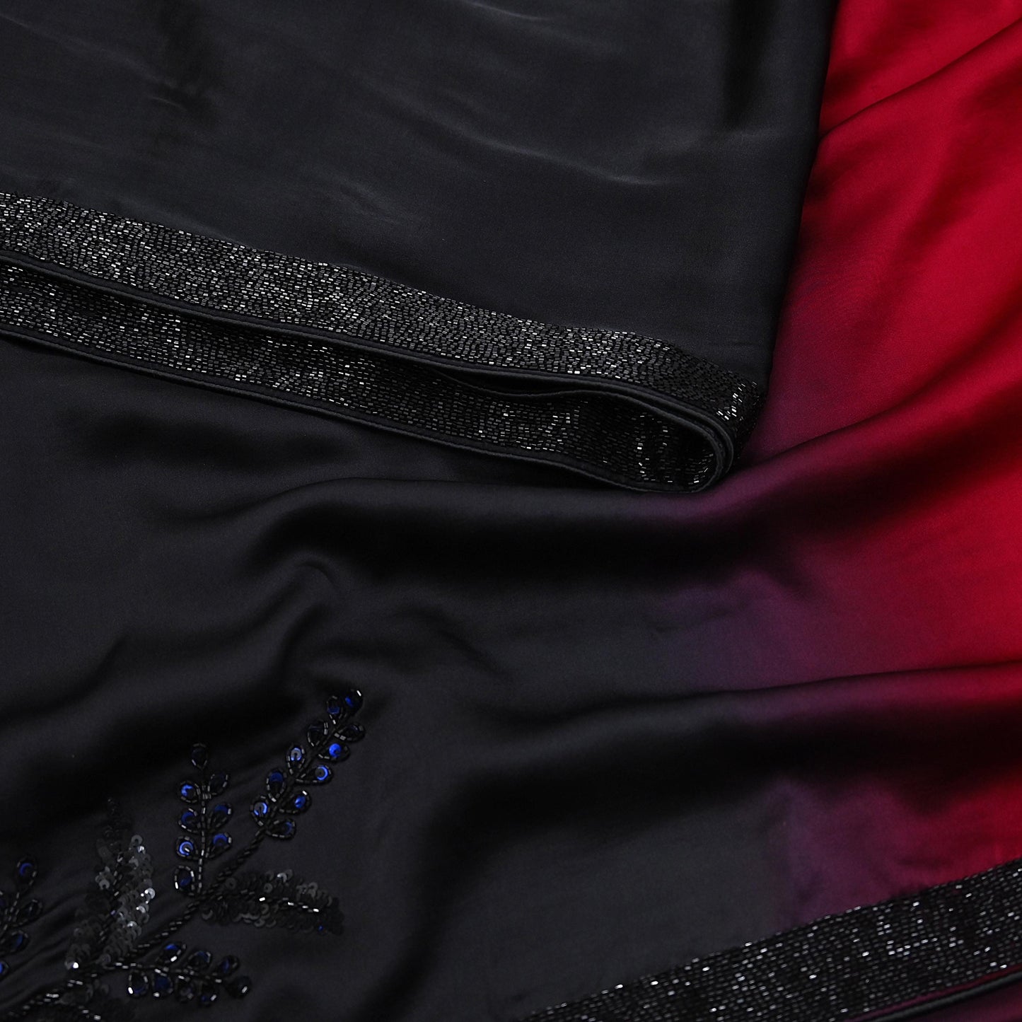Rare Vintage Black & Red Pure Satin Silk Saree Hand Embroidered Designer Abu Jani Sari 6 Yard Bollywood Party Wear with Blouse fabric