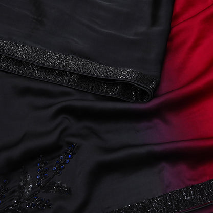 Rare Vintage Black & Red Pure Satin Silk Saree Hand Embroidered Designer Abu Jani Sari 6 Yard Bollywood Party Wear with Blouse fabric