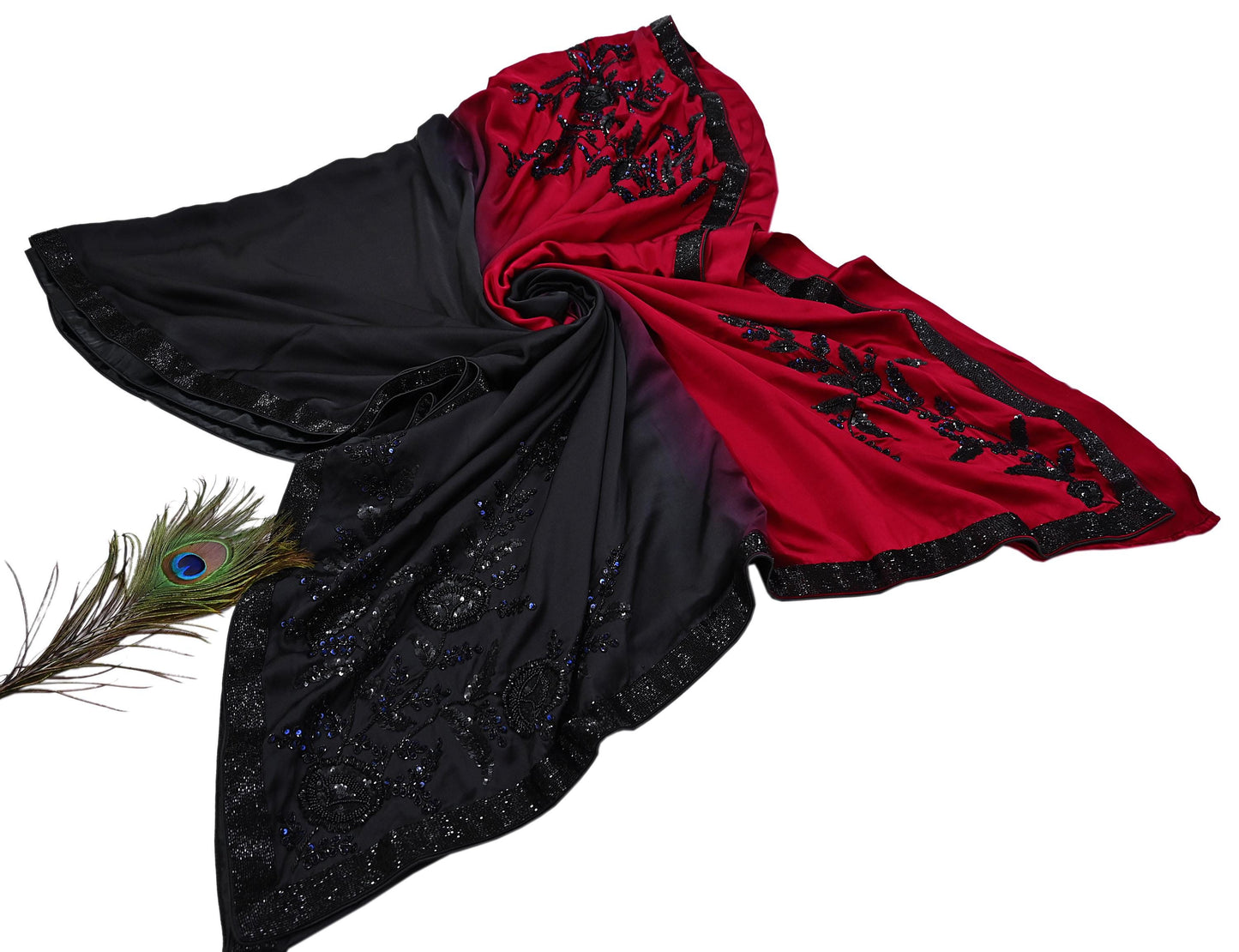 Rare Vintage Black & Red Pure Satin Silk Saree Hand Embroidered Designer Abu Jani Sari 6 Yard Bollywood Party Wear with Blouse fabric