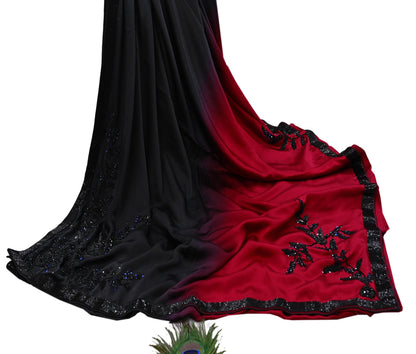Rare Vintage Black & Red Pure Satin Silk Saree Hand Embroidered Designer Abu Jani Sari 6 Yard Bollywood Party Wear with Blouse fabric