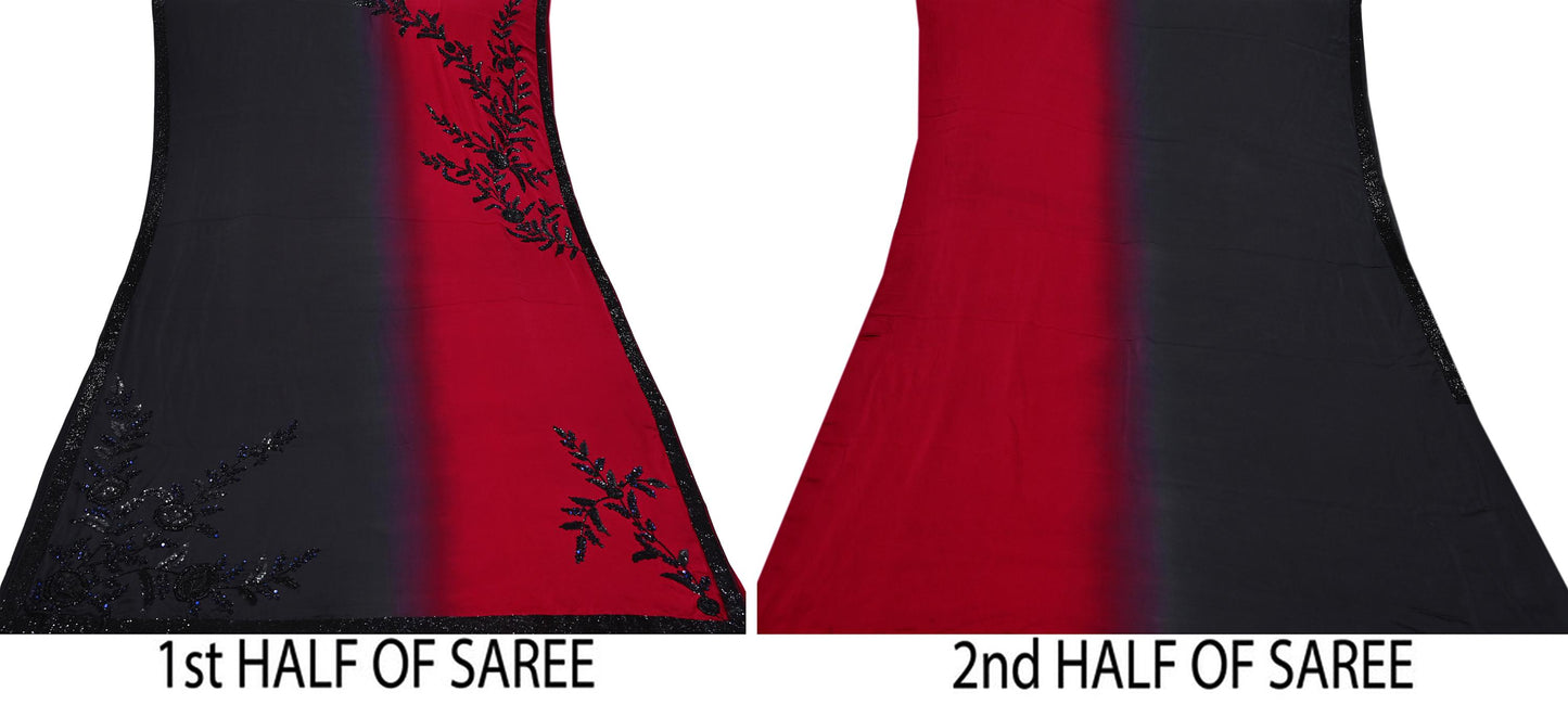 Rare Vintage Black & Red Pure Satin Silk Saree Hand Embroidered Designer Abu Jani Sari 6 Yard Bollywood Party Wear with Blouse fabric
