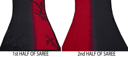 Rare Vintage Black & Red Pure Satin Silk Saree Hand Embroidered Designer Abu Jani Sari 6 Yard Bollywood Party Wear with Blouse fabric