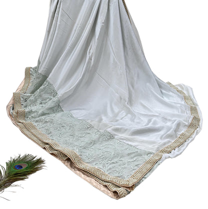 Rare Vintage Gray Pure Satin Silk Saree Hand Embroidered Fabric 5.5 Yards Sari Bollywood Party Wear Ethnic Designer Saree