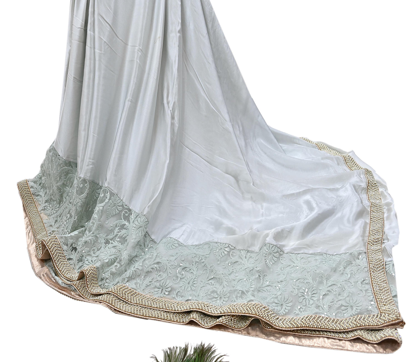 Rare Vintage Gray Pure Satin Silk Saree Hand Embroidered Fabric 5.5 Yards Sari Bollywood Party Wear Ethnic Designer Saree