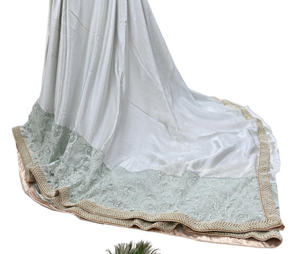 Rare Vintage Gray Pure Satin Silk Saree Hand Embroidered Fabric 5.5 Yards Sari Bollywood Party Wear Ethnic Designer Saree