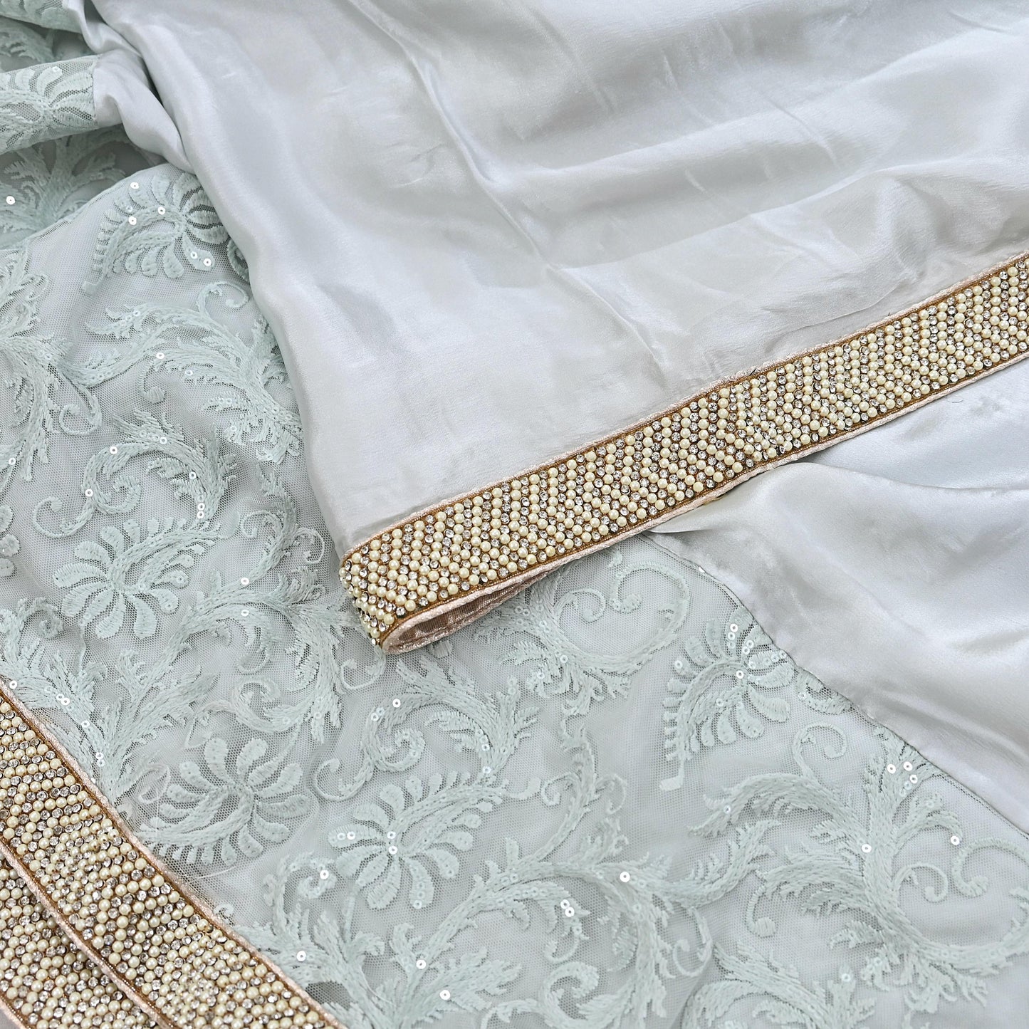Rare Vintage Gray Pure Satin Silk Saree Hand Embroidered Fabric 5.5 Yards Sari Bollywood Party Wear Ethnic Designer Saree
