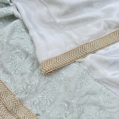 Rare Vintage Gray Pure Satin Silk Saree Hand Embroidered Fabric 5.5 Yards Sari Bollywood Party Wear Ethnic Designer Saree