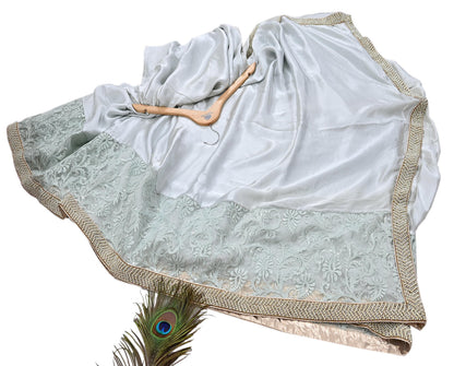 Rare Vintage Gray Pure Satin Silk Saree Hand Embroidered Fabric 5.5 Yards Sari Bollywood Party Wear Ethnic Designer Saree