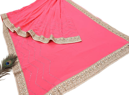 Rare Vintage Pink Pure Georgette Silk Saree Hand Embroidered Designer Abu Jani Sari 6 Yard Bollywood Party Wear with Blouse fabric