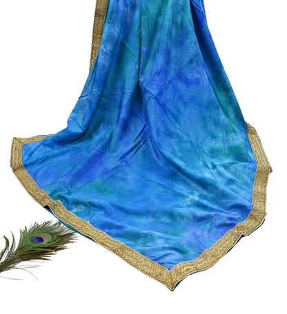 Rare Vintage Green & Blue Pure Silk Saree Hand Embroidered Tie dye Fabric 5.5 Yards Sari Bollywood Party Wear Ethnic Designer Saree