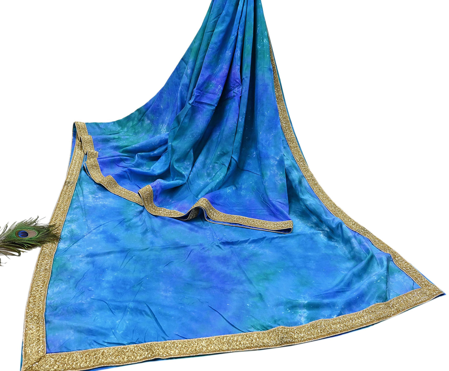 Rare Vintage Green & Blue Pure Silk Saree Hand Embroidered Tie dye Fabric 5.5 Yards Sari Bollywood Party Wear Ethnic Designer Saree
