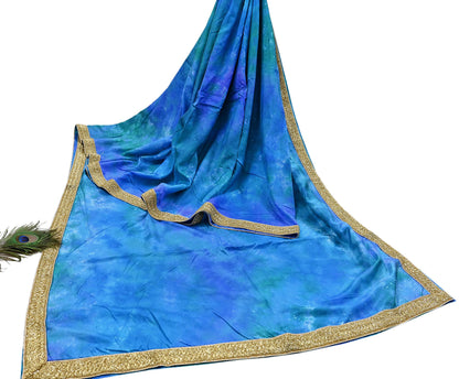 Rare Vintage Green & Blue Pure Silk Saree Hand Embroidered Tie dye Fabric 5.5 Yards Sari Bollywood Party Wear Ethnic Designer Saree