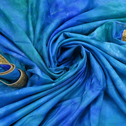 Rare Vintage Green & Blue Pure Silk Saree Hand Embroidered Tie dye Fabric 5.5 Yards Sari Bollywood Party Wear Ethnic Designer Saree