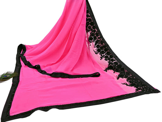 Rare Vintage Pink Pure Chiffon Silk Saree Hand Beaded Abu Jani Designer Sari 6 Yards Bollywood Party Wear Ethnic