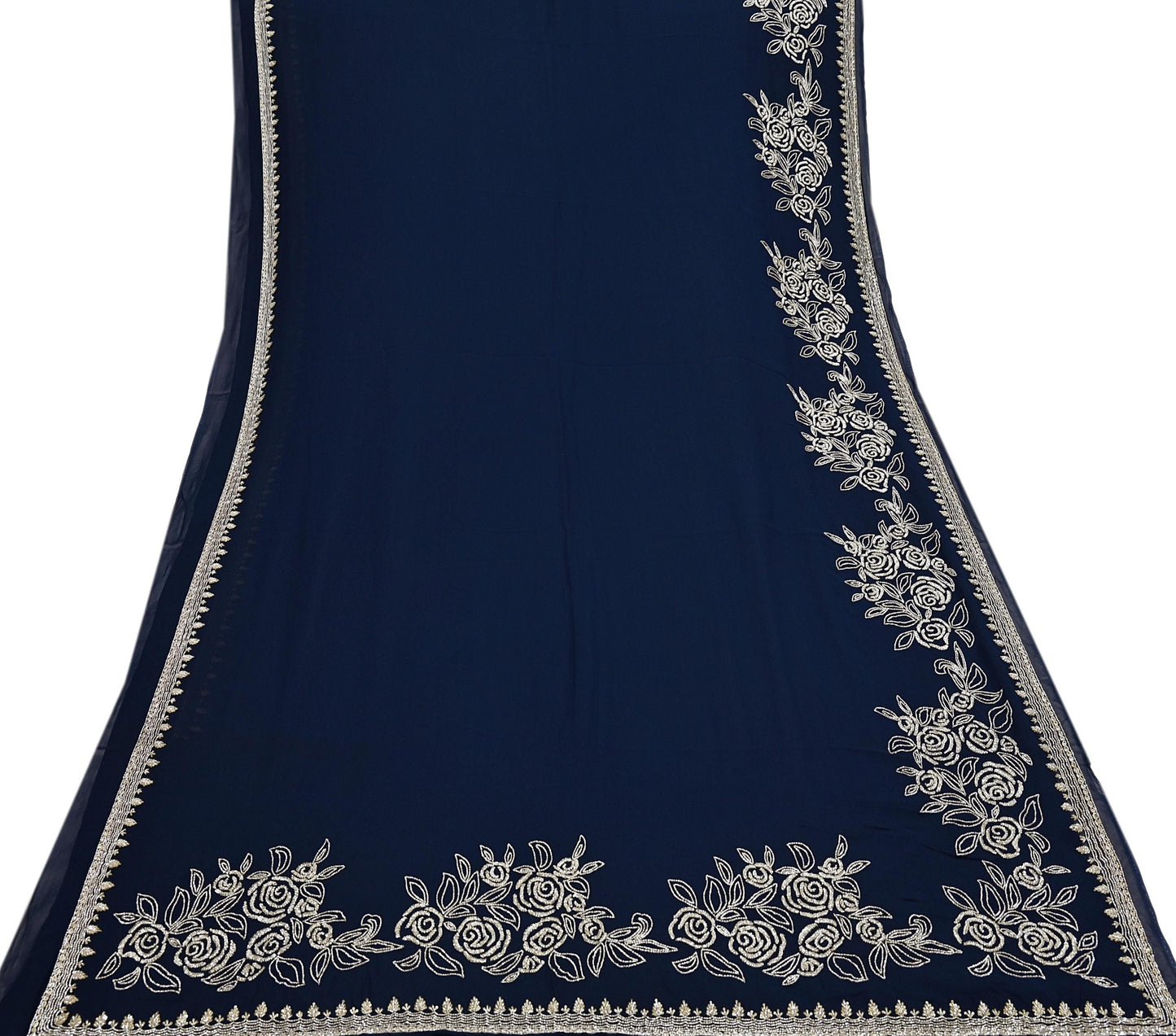 Rare Vintage Deep Blue Blend Georgette Saree Hand Embroidered Fabric 6 Yard Sari Bollywood Party Wear Ethnic Designer Saree