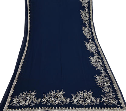 Rare Vintage Deep Blue Blend Georgette Saree Hand Embroidered Fabric 6 Yard Sari Bollywood Party Wear Ethnic Designer Saree