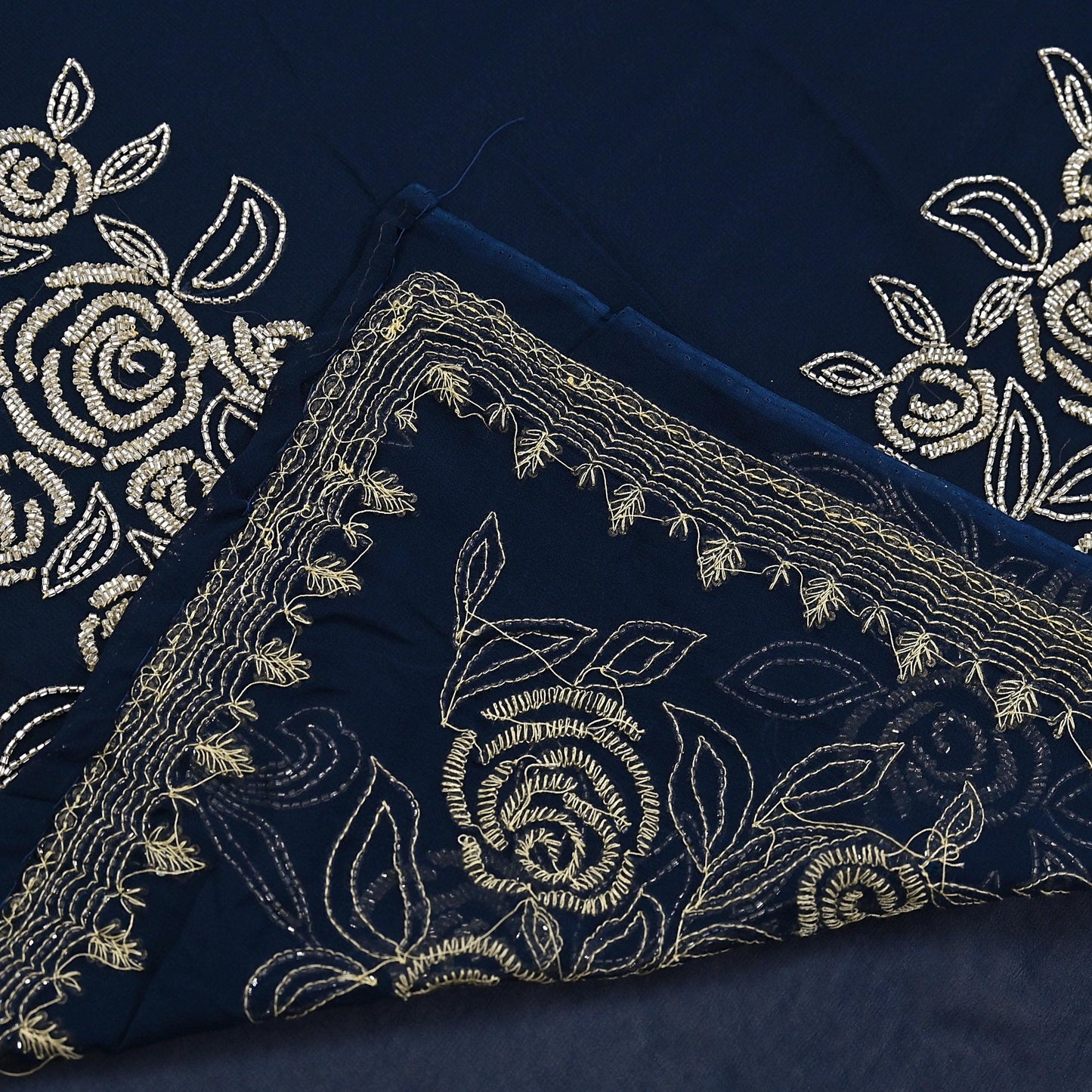 Rare Vintage Deep Blue Blend Georgette Saree Hand Embroidered Fabric 6 Yard Sari Bollywood Party Wear Ethnic Designer Saree