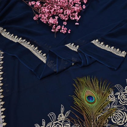 Rare Vintage Deep Blue Blend Georgette Saree Hand Embroidered Fabric 6 Yard Sari Bollywood Party Wear Ethnic Designer Saree