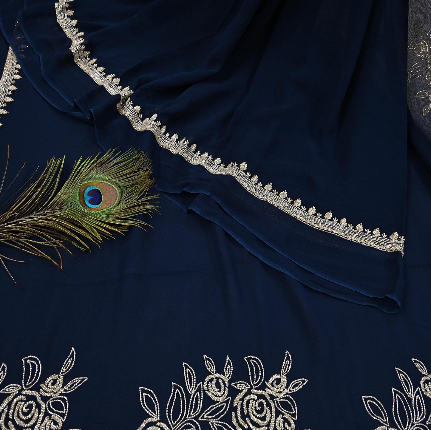 Rare Vintage Deep Blue Blend Georgette Saree Hand Embroidered Fabric 6 Yard Sari Bollywood Party Wear Ethnic Designer Saree
