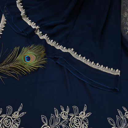 Rare Vintage Deep Blue Blend Georgette Saree Hand Embroidered Fabric 6 Yard Sari Bollywood Party Wear Ethnic Designer Saree