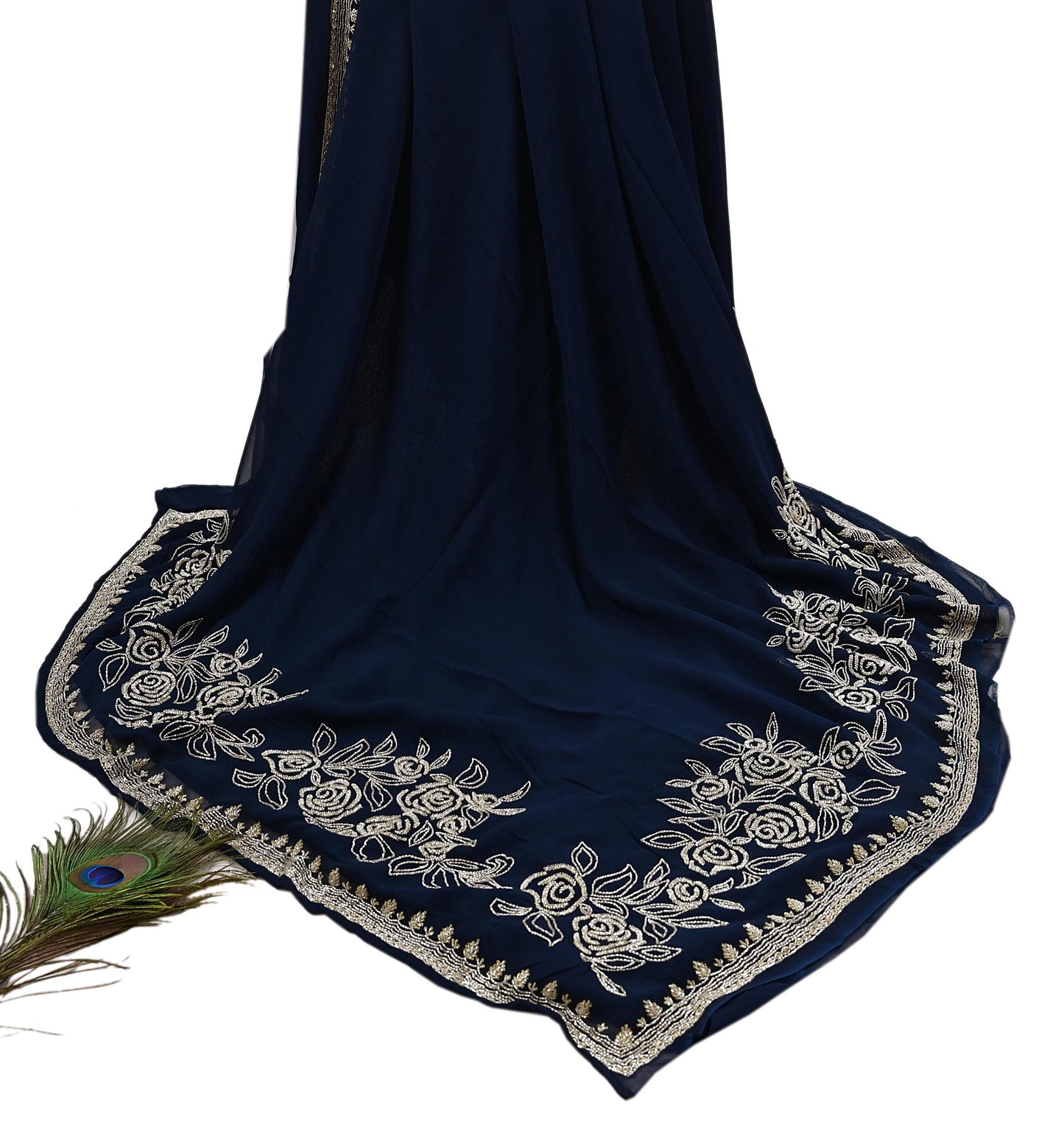 Rare Vintage Deep Blue Blend Georgette Saree Hand Embroidered Fabric 6 Yard Sari Bollywood Party Wear Ethnic Designer Saree