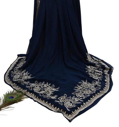 Rare Vintage Deep Blue Blend Georgette Saree Hand Embroidered Fabric 6 Yard Sari Bollywood Party Wear Ethnic Designer Saree