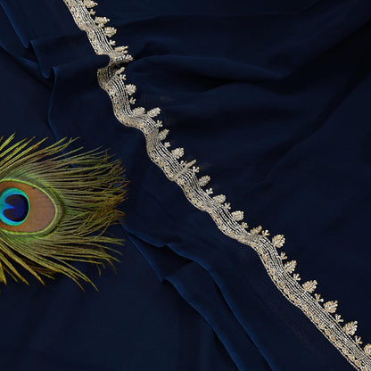 Rare Vintage Deep Blue Blend Georgette Saree Hand Embroidered Fabric 6 Yard Sari Bollywood Party Wear Ethnic Designer Saree