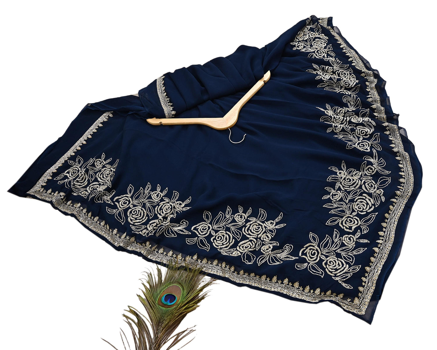 Rare Vintage Deep Blue Blend Georgette Saree Hand Embroidered Fabric 6 Yard Sari Bollywood Party Wear Ethnic Designer Saree