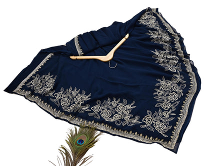 Rare Vintage Deep Blue Blend Georgette Saree Hand Embroidered Fabric 6 Yard Sari Bollywood Party Wear Ethnic Designer Saree