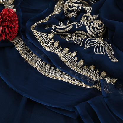 Rare Vintage Deep Blue Blend Georgette Saree Hand Embroidered Fabric 6 Yard Sari Bollywood Party Wear Ethnic Designer Saree