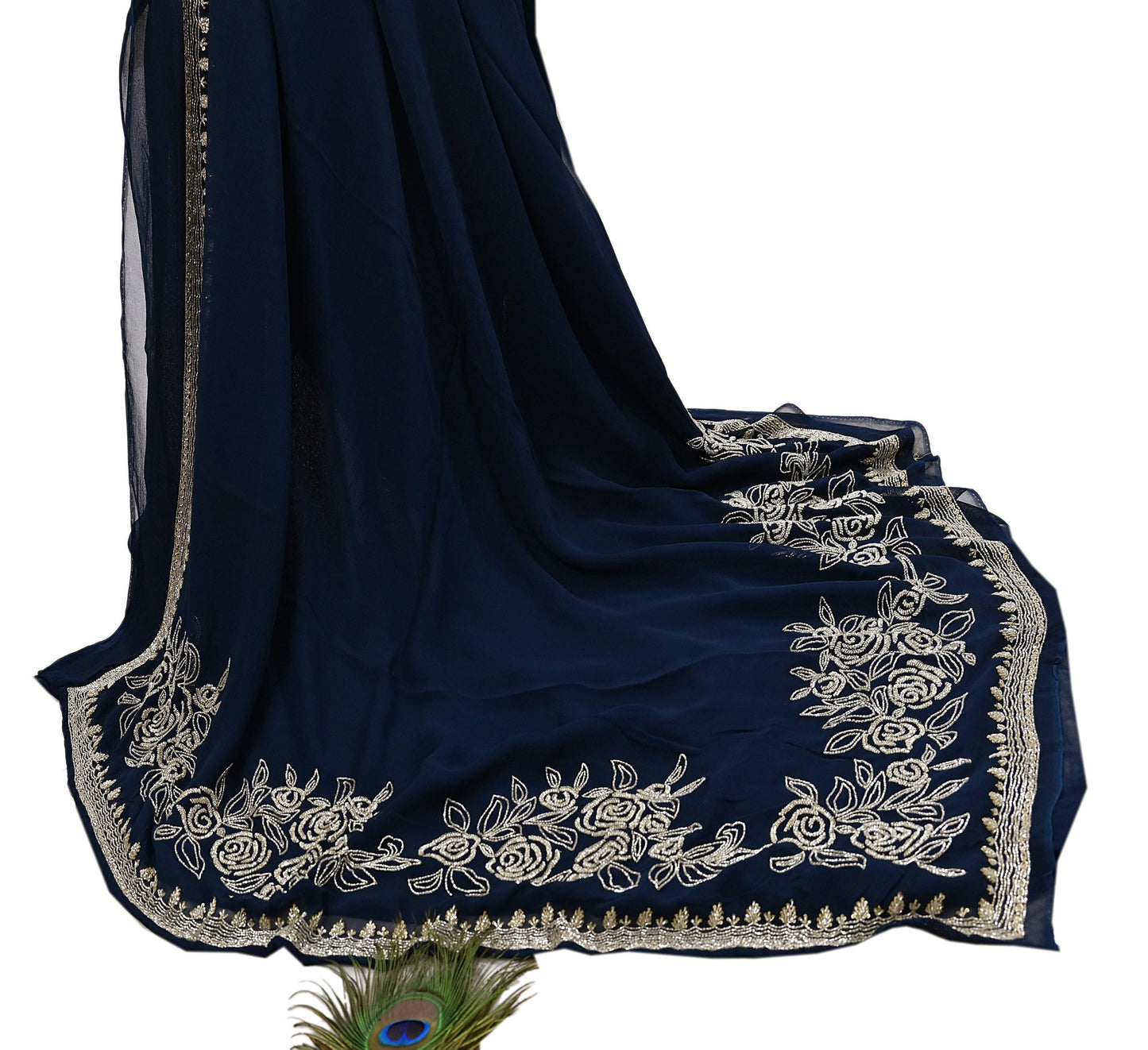 Rare Vintage Deep Blue Blend Georgette Saree Hand Embroidered Fabric 6 Yard Sari Bollywood Party Wear Ethnic Designer Saree